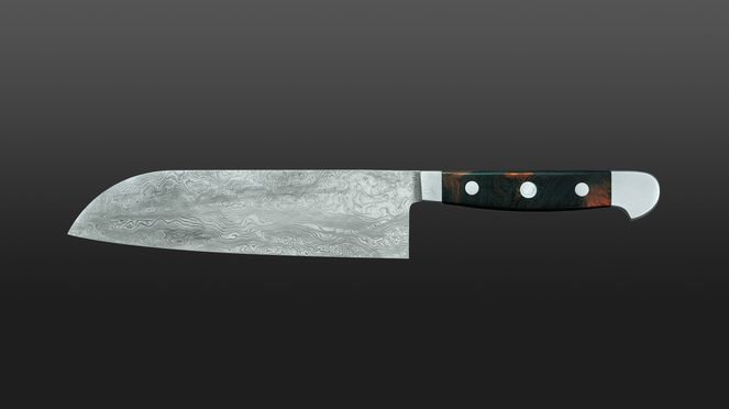
                    The handle of the damask knife Güde is made from unique desert iron wood