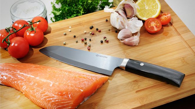 
                    The Kyocera Black Santoku with a high-tech ceramic blade