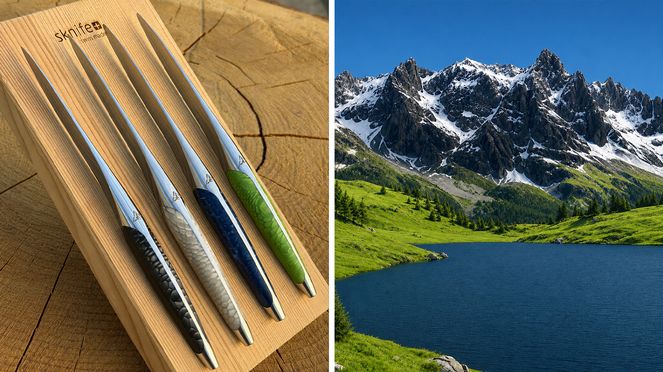 
                    Les quatre nuances de couleur et la discrète gravure du Cervin du set de couteaux Colours of Nature reflètent les paysages suisses