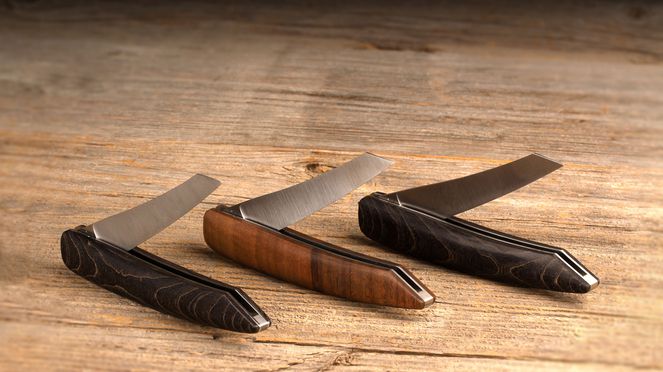 
                    swiss pocket knife sknife in damask and surgical steel with walnut and ash wood handles